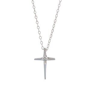 White Gold Diamond Cross Solitaire Necklace 16 1/4" - 14k Single Cut Faith